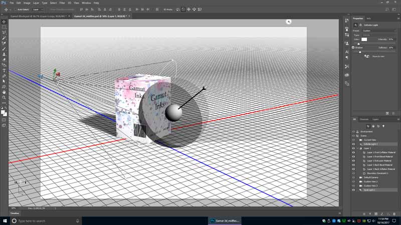 Image showing the Gamut Inks print box within Adobe Photoshop's 3D editing environment.