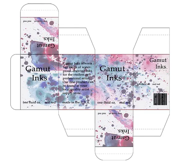 Image showing the Gamut Inks box print file showing die lines and folds.