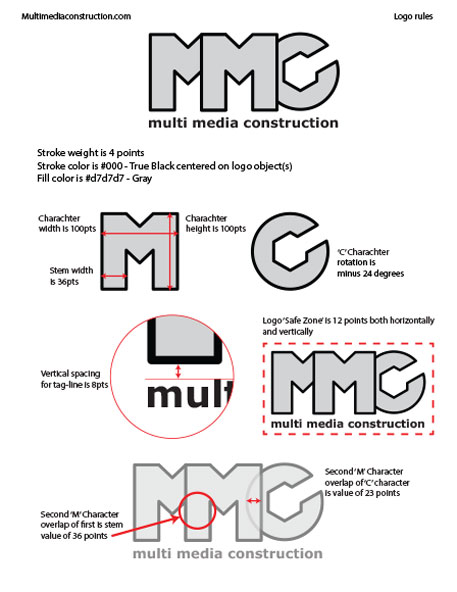 One of the pages of exploration committed to Multi Media Construction's logo development