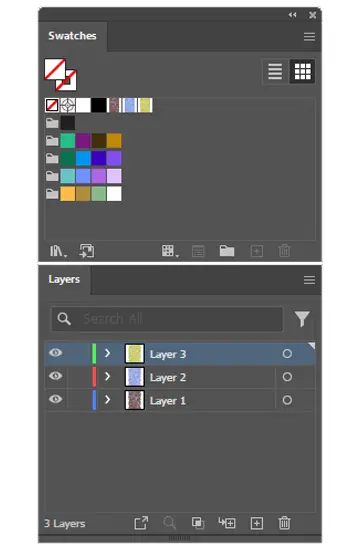 Screenshot from Adobe Illustrator's Swatches and Layer palette windows Imprezeurix file.